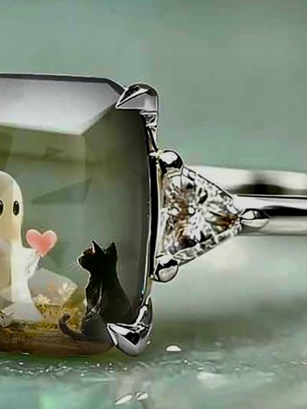 Sterling Silver-toned Ghost & Cat Crystal Ring